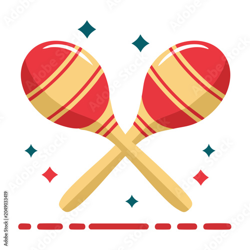 Red and yellow maracas icon with festive sparkles