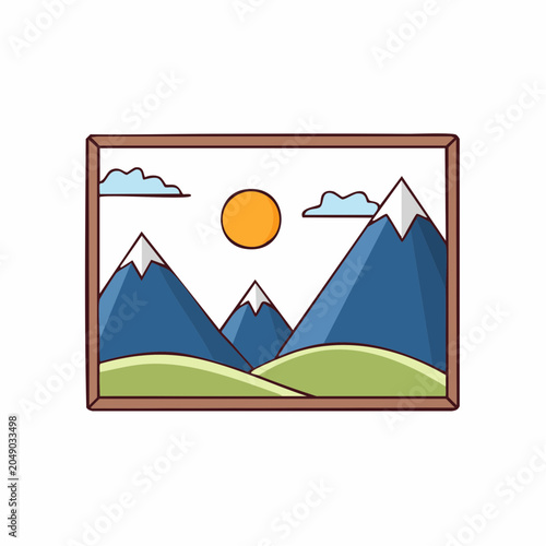 Stylized Mountain Landscape with Sun and Clouds