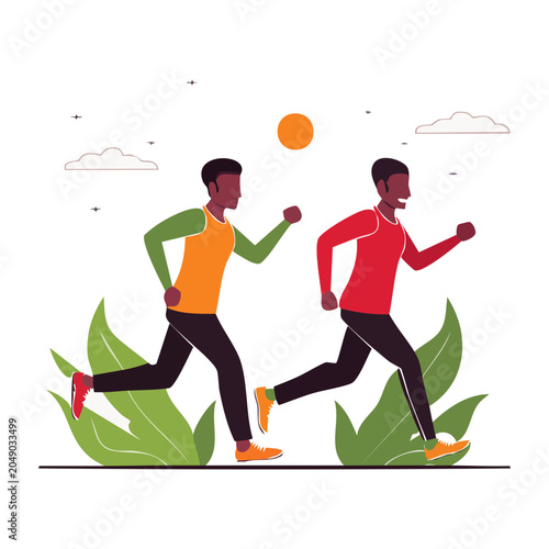 Two men running outdoors in flat design style