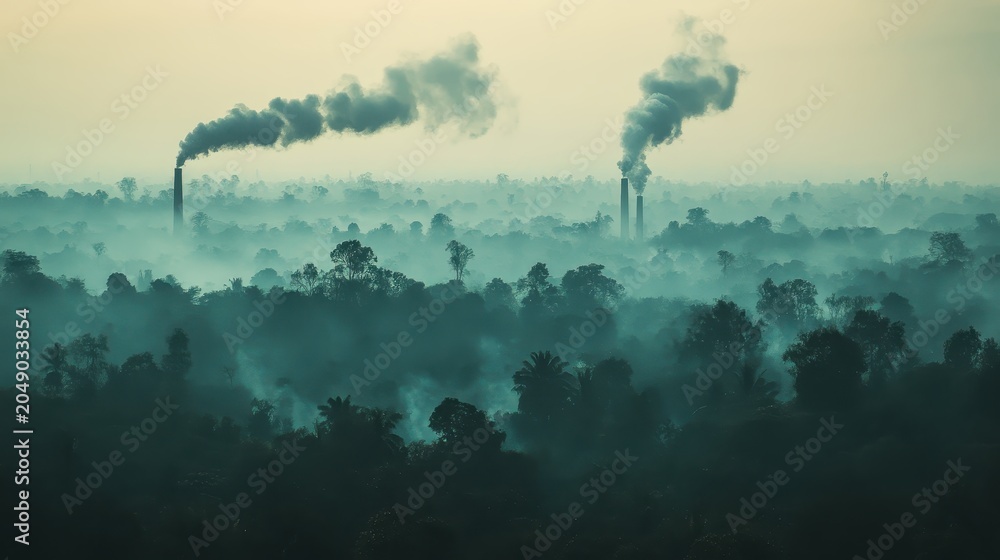 Fototapeta premium Industrial Smog Billowing Over Misty Forest Landscape With Dramatic Lighting Effect