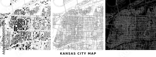Set of three urban maps of kansas city showing building footprints and road networks vector illustration
