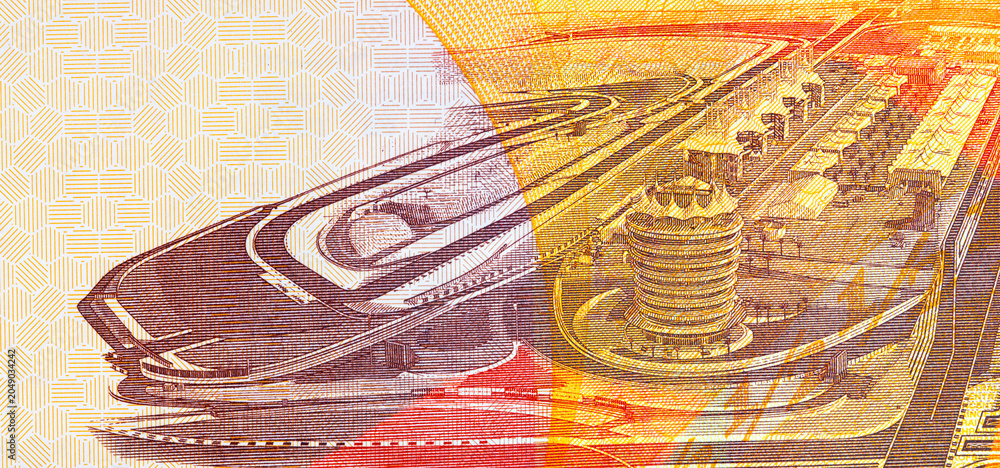 Fototapeta premium Bahraini half dinar banknote featuring the Bahrain International Formula One racetrack. Bahraini money.