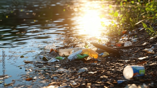 Polluted urban stream shoreline littered with trash under bright sunlight
