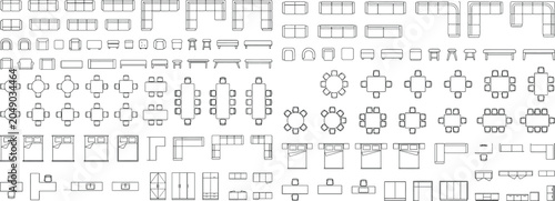 Obraz na płótnie Architectural furniture CAD block library vector set, top view interior layout s