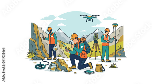 Bild auf Leinwand Geologists Exploring Mountains with Drone, Surveying Equipment and Magnifying Gl