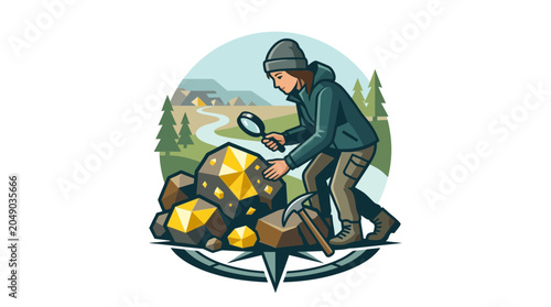 Foto Geologist examining gold nuggets with magnifying glass, mining concept, adventur