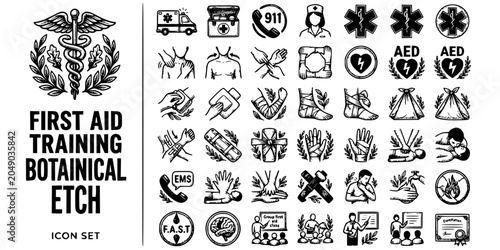 Tableau sur toile EMS First Aid Training Botanical Etch Black White-Bandage Splint Bystander CPR-C