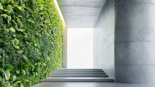 Modern Urban Green Corridor Featuring a Lush Vertical Garden and Concrete Architecture Leading to Bright Light