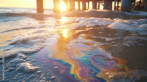 Vibrant rainbow oil slick on polluted water reflecting golden sunlight near a city pier