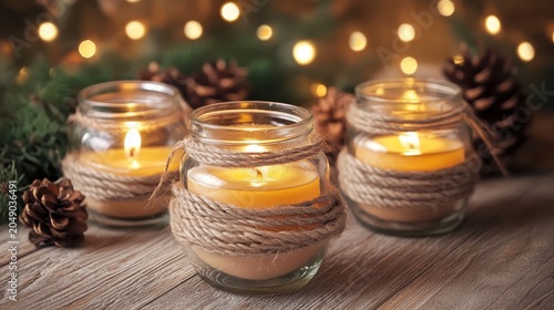 Warm glow of Christmas candles in rustic glass jars with pinecones and festive lights creating a cozy holiday atmosphere