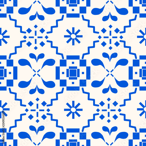 Blue geometric seamless pattern with florals and wavy lines on soft beige background for home decor, textile design and wallpaper design