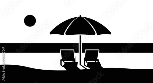 Minimalist black and white silhouette illustration of beach chairs under a sun umbrella by the ocean.