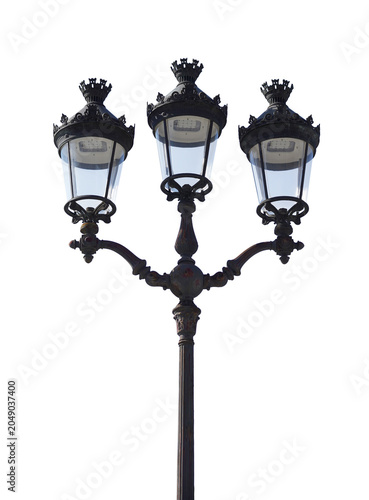 Paris vintage antique 3 head street light lantern in Place Vendome on PNG transparent background.