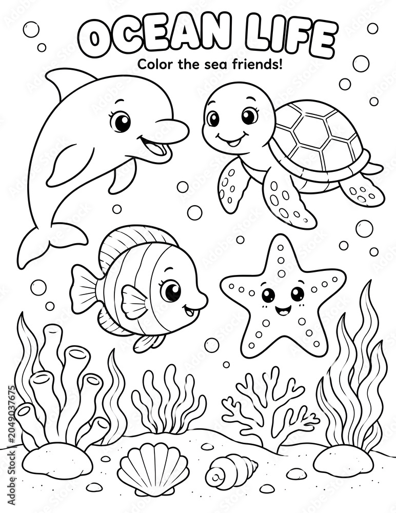 Fototapeta premium Ocean life coloring page for kids, featuring cute sea animals like a dolphin, turtle, fish, and starfish in underwater scene