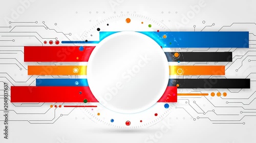 Modern circular frame with colorful tech graphics background.