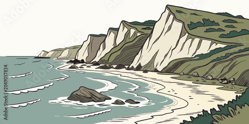 Φωτογραφία Drawn landscape of steep coastal cliffs above the rocky ocean shoreline with lan