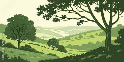 Fotografía Rolling green hills and scenic countryside with lush tree canopy landscape count