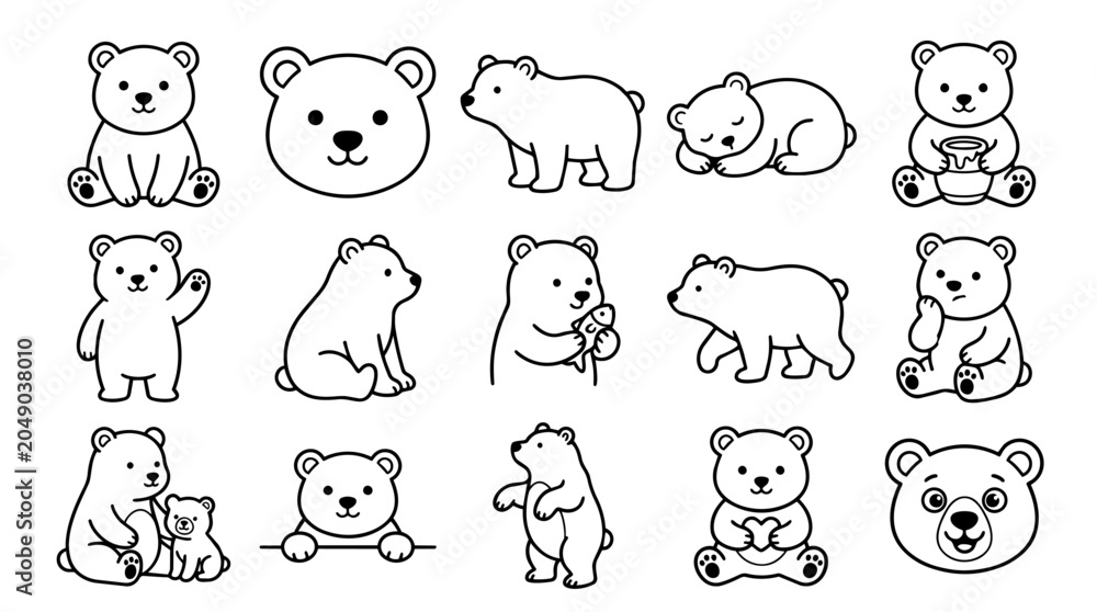 Fototapeta premium Cute outline cartoon bears in various poses and expressions.