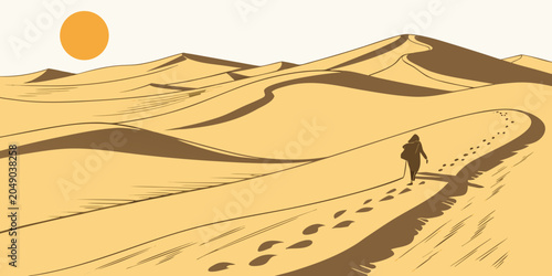 Bild auf Leinwand Illustration of a lone traveler walking across golden desert sand dunes at sunse
