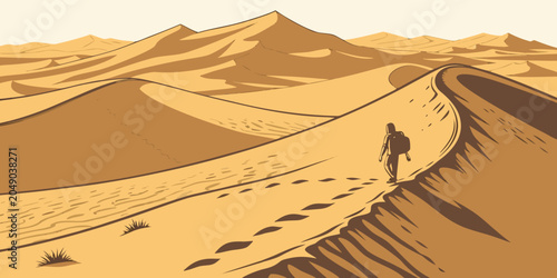 Schilderij op canvas Lone traveler hiking up a large sandy dune in an arid desert environment with la
