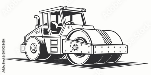 Quadro su tela Heavy duty single drum road roller compactor machine in outline graphic vector i