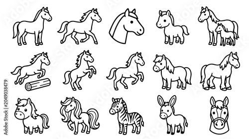 Line art set of horses, ponies, zebra, and donkey