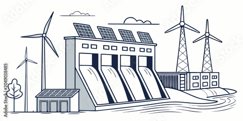 Bild auf Leinwand Hydroelectric dam with water flowing solar panels and wind turbines renewable gr