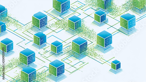 Digital Technology Concept with Networked Blue and Green Cubes and Data Flow