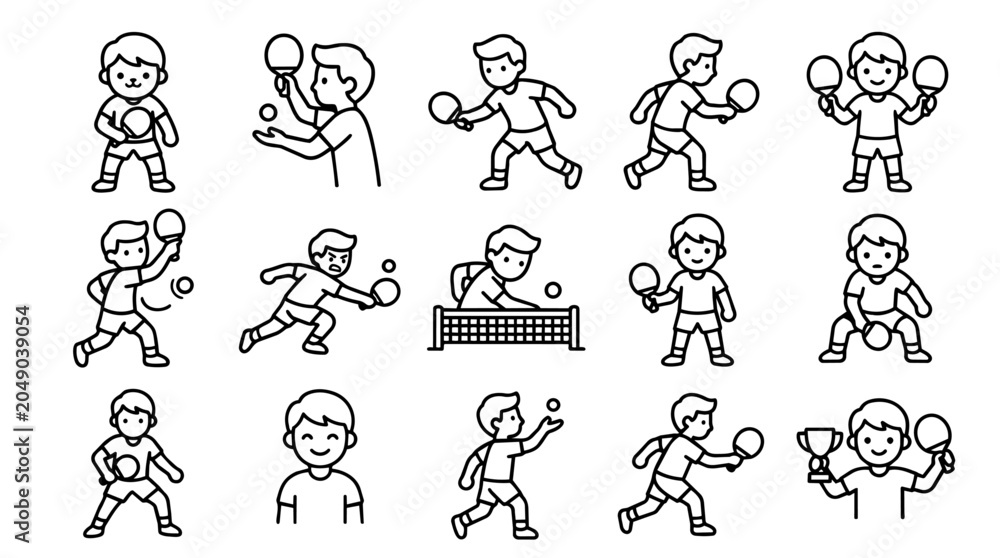 Fototapeta premium Table tennis players various actions outline icons