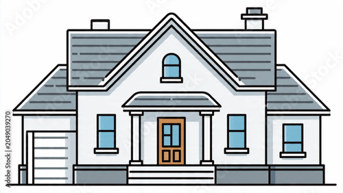 Modern White House Illustration with Blue Windows and Brown Door for Home Design