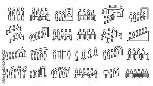Queue people line icon set. Standing crowd, waiting line, group formation, public row outline vector illustrations. Symbols for organization and service on white background.