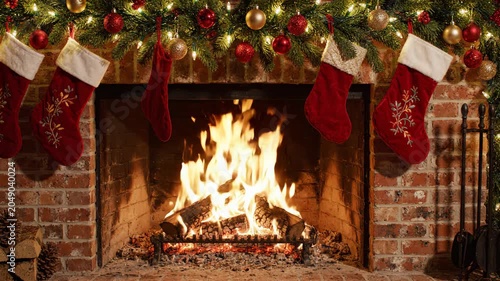 Cozy Christmas Fireplace with Hanging Stockings and Garland Warm Ambiance