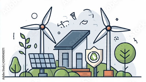 Eco-friendly renewable energy power plant with solar panels wind turbines and greenery