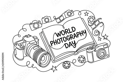 Photos World photography day doodle illustration with cameras and film reels