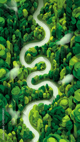 A winding road through lush green forest with tall trees and vibrant foliage