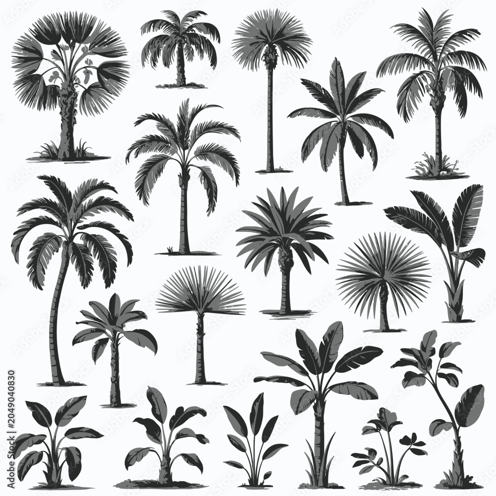 Naklejka premium Palm tree sketch vector illustration set featuring hand drawn tropical coconut palms banana trees and exotic botanical engraving foliage