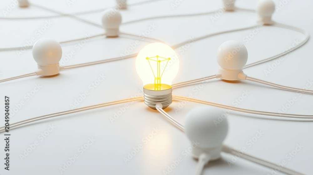 Obraz premium Illuminated lightbulb at the center of a bright network of connections and nodes