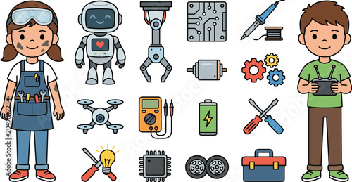 Foto Kids Robotics and Engineering Cartoon Illustration Set Featuring Young Engineers