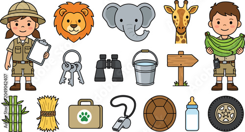 Fotografie Kids Zoo and Wildlife Cartoon Illustration Set Featuring Young Explorers, Lion,