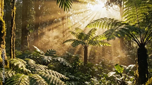 Sunbeams shining through dense tropical rainforest canopy at dawn