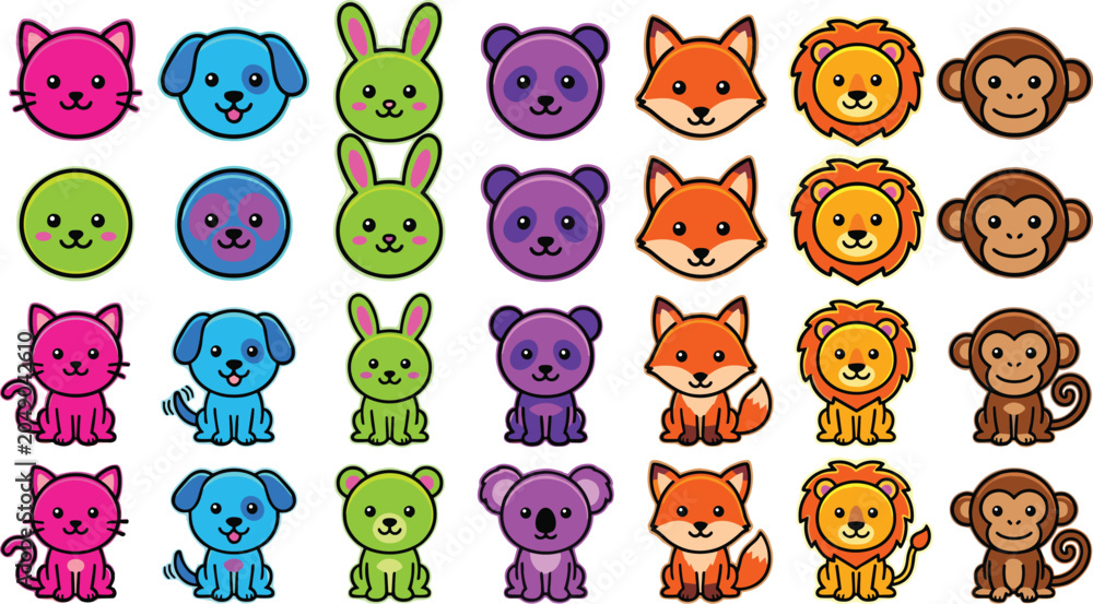 Obraz premium Cute Colorful Cartoon Animal Set with Cat Dog Bunny Panda Fox Lion and Monkey in Multiple Styles Vector Illustration