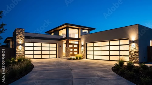 Sleek modern home exterior with illuminated garage doors dusk