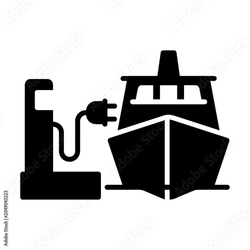 Electric ferry ship charging at power station dock with electric, charging