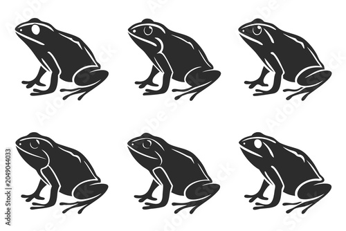 Six black frogs sitting in a row