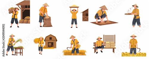 Schilderij op canvas Asian farmer character set harvesting rice and carrying grain sacks in tradition