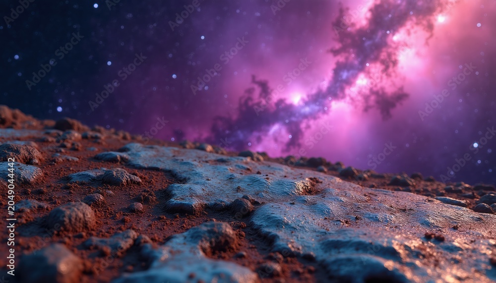 Obraz premium Cratered alien planet surface with purple nebula and stars in sky. Red rocky ground meets icy patches under vast cosmos. Exploration science fiction future.