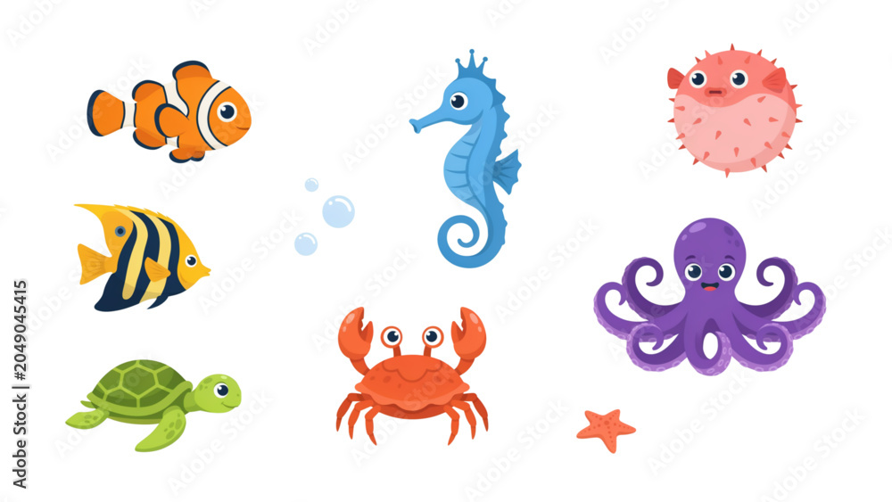 Fototapeta premium Colorful cartoon sea creatures swimming in a playful ocean setting Vector