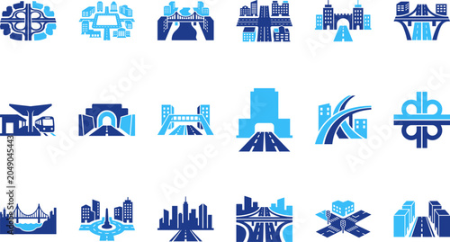 Foto Modern city transportation infrastructure with bridges and buildings in shades of blue