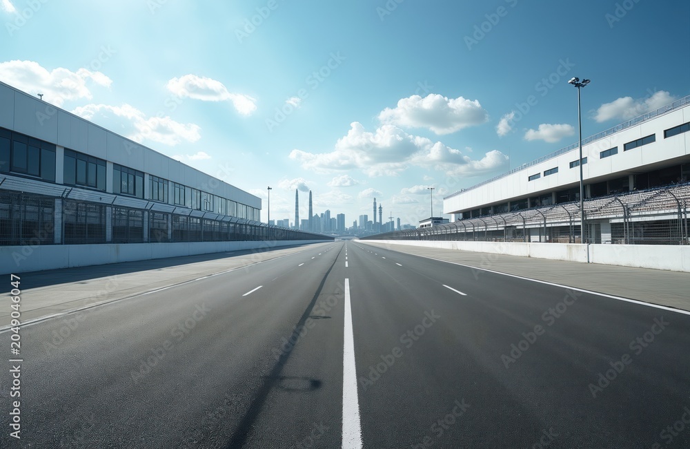 Obraz premium Empty asphalt race track with grandstands and city skyline in background. Modern speedway for pro car racing. Motorsport venue before event starts.