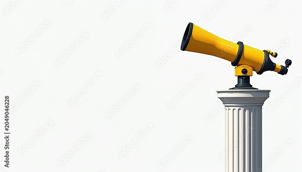 Obraz premium Yellow telescope sits on classic white pedestal. Minimalist illustration shows instrument for viewing distant objects. Symbolizes discovery exploration and research for science and education.